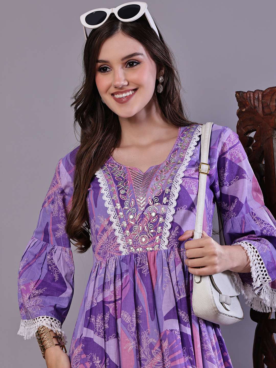 Wome's Purple Floral Cotton A-Line Dress with Lace Detailing Midi Dresses - Image 4