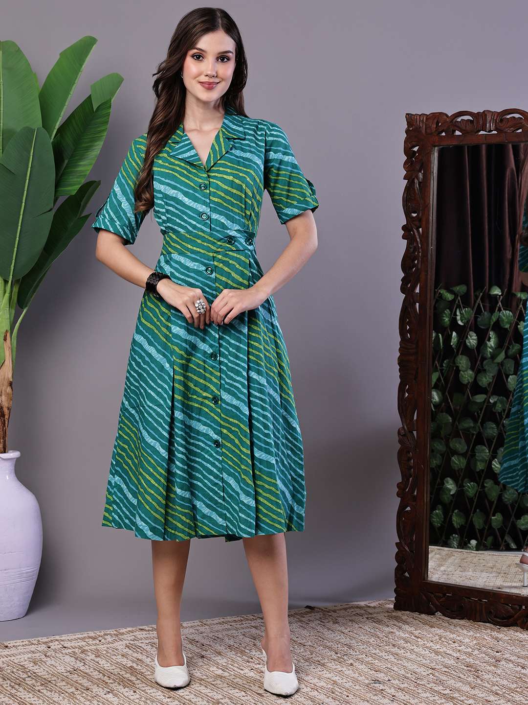 Women's eal Green Striped Cotton Midi Shirt Dress